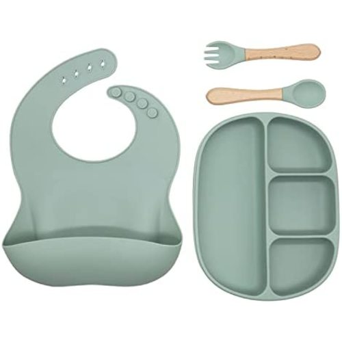 Ginbear Silicone Baby Plates with Suction, Toddler Silicone Bibs, Baby Led Weaning Utensils and Dishes, Baby Feeding Sets & Eating Supplies (Hazy Green)