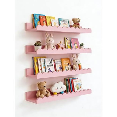 Scalloped Shelves for Nursery - Wall Book Shelves for Bedroom Kids, Nursery Bookshelf for Wall Set of 4, Floating Book Shelves Solid Wood,16 Inch, Pink