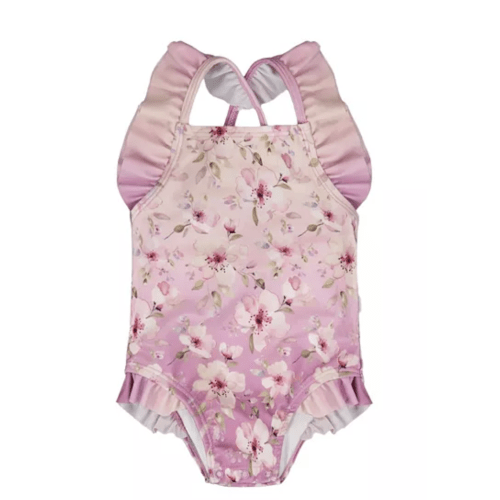 (6-12 Months) Girls' One-Piece Ruffle Flower Print Swimsuit - Baby