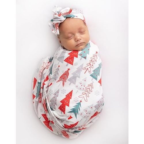Newborn Baby Girl Receiving Blanket Swaddle Blanket Stretchy Knit Swaddle Set with Matching Headband and Beanie (Red Tree Christmas)