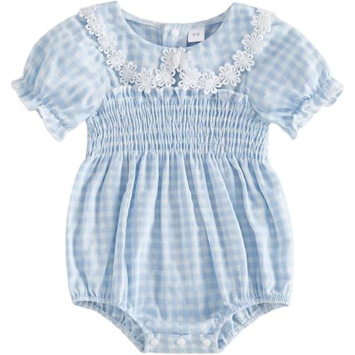 MERSARIPHY Newborn Baby Girl Summer Clothes Peter Pan Collar Plaid Flower Smocked Bubble Short Sleeve Romper One Piece Outfit