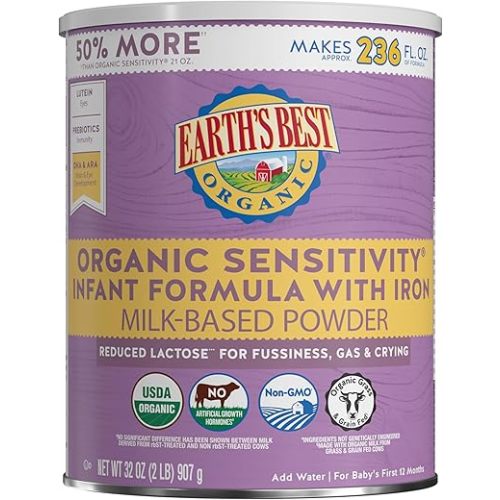 Earth's Best Organic Sensitivity Infant Formula for Babies 0-12 Months, Reduced Lactose Powder Formula with Iron, Omega-3 DHA, and Omega-6 ARA, 32 Ounce Value Container