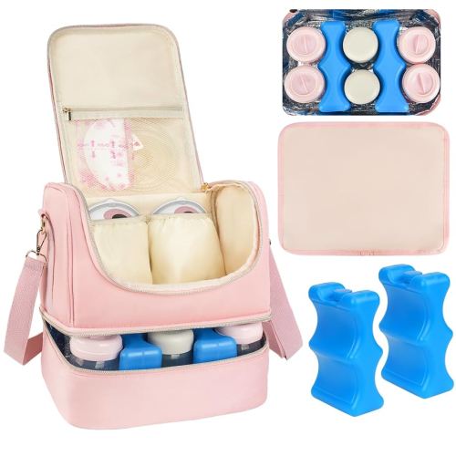 Wearable Breast Pump Bag with Cooler Compartment Fits for Willow/Elvie/Momcozy M5/S12 Pro/Medela, Breast Milk Travel Tote Bag with Ice Pack & Waterproof Mat,Pink
