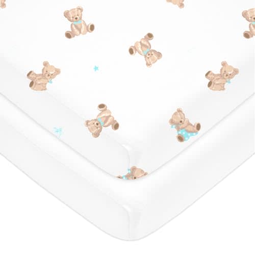 American Baby Company 2 Pack 100% Natural Cotton Fitted Mini Crib Sheets 38" x 24" - Soft & Breathable Small Nesting Portable Sheets, Fits Pack N Play Mattresses, Bear and White, for Boys & Girls