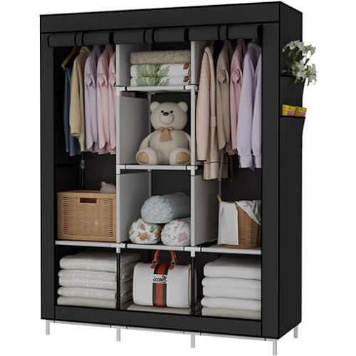 UDEAR Portable Wardrobe Closet Clothes Organizer Non-Woven Fabric Cover with 6 Storage Shelves, 2 Hanging Sections and 4 Side Pockets，Black