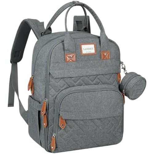 LANDICI Diaper Bag Backpack, Multifunction Baby Diaper Bags with Changing Pad, Stroller Straps & Pacifier Case, Travel Essentials Back Pack for Mom Dad Boy Girl, Large Capacity, Waterproof, Grey