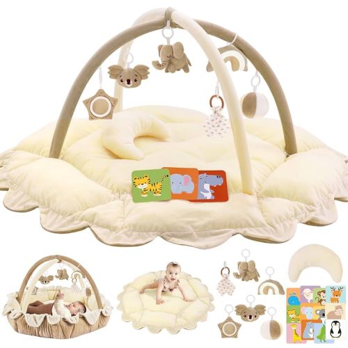5-in-1 Plush Baby Play Gym, Baby Play Mats, Convertible Baby Gym with Pillow, Tummy time mat, 6 Sensory Toys, Baby Activity Center from Newborn to Toddler, Pet Bed, Cat & Dog Bed, Ball Pit, Cream