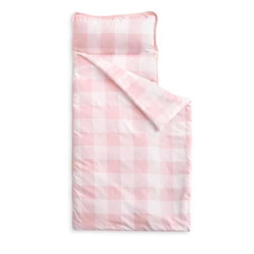 Wake In Cloud - Toddler Nap Mat with Pillow and Blanket, for Kids Boys Girls in Kindergarten Daycare Preschool Pre K, Roll Up Sleeping Bag, Gingham Plaid Grid Checkered, Light Pink White, Standard