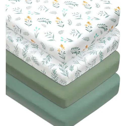 4 Pack Sage Green Fitted Nursery Sheets Breathable Neutral Unisex Baby Sheets for Boys or Girls with Leaf and Flower Design Standard Crib Sheet