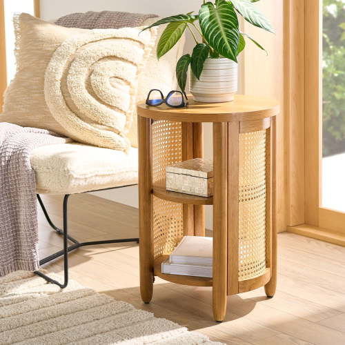 Free Shipping! Better Homes & Gardens Light Honey Caning Side Table with Open Shelves and Rattan Accents