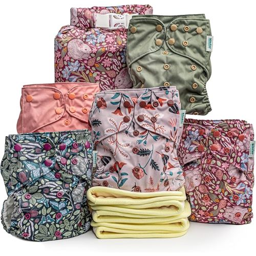 Kinder Cloth Diapers Set of 5 Reusable Baby Diapers Pocket Style Athletic Wicking Jersey, Bamboo Viscose Inserts, Wet Bag, Newborn to Potty Training 7-60lbs, One Size (Garden Party)