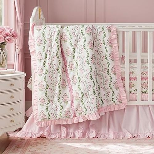 Brandream French Country Crib Bedding Set for Girls Pink Floral Stripes Vines Grandmillennial Cottagecore Print 100% Cotton Baby Girl Nursery Bedding - Ruffles Quilt,Crib Sheet,Crib Bed Skirt,3 Pieces