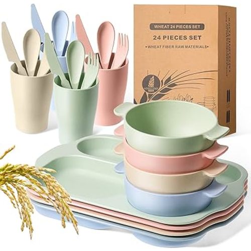 Honoson 24 Pcs Wheat Straw Dinnerware Cutlery Set Including Divided Plates Microwave Dishwasher Safe Bowl Unbreakable Tableware Straw Cutlery Spoon Knife Fork Cup(Beige/pink/green/blue)