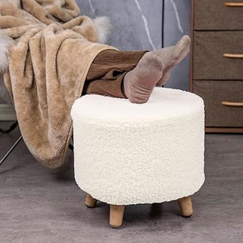 ‌Modern Round Stool with Wood Legs,Faux Fur Replaceable Seat Cover,Round Footrest with Non-Skid Wood Legs,Foot Rest for Living Room,15.35" Dx15.35 Wx13.38 H(White)