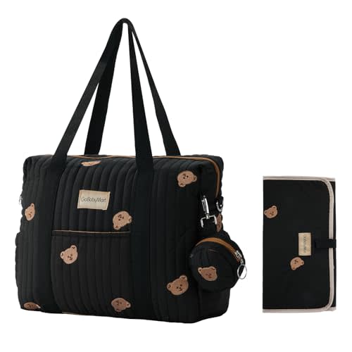 GOBABYMART Large Diaper Bag Tote, Maternity Hospital Travel diaper tote, Multifunction baby bag, Baby Nappy Bags, Messenger bag (Medium - Black Bears)