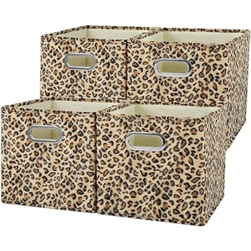 ANMINY 4PCS Storage Cubes Leopard Cheetah Print Velvet Fabric Storage Bins for Shelves, Collapsible Washable Closet Storage Baskets Boxes with Handles for Organizing and Storage -Brown, 11"x 11"x 11"