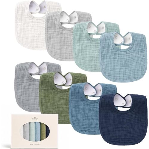 Konssy 8-Pack Muslin Baby Bibs, Adjustable Fit for Drooling and Teething | Soft Absorbent, Drool Bibs for Baby Boys Girls, Cotton Front with Fleece Backing, Newborn to Toddler 0-36M