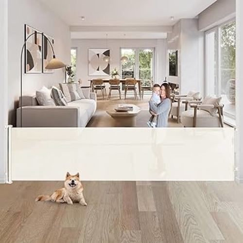 80 Inch Extra Wide Retractable Baby Gate for Large Openings,Retractable Baby Gate Safety Mesh Gate,Extra Long Dog Gates for Indoor/Outdoor,Doorways,Stairs,Hallways (Beige)