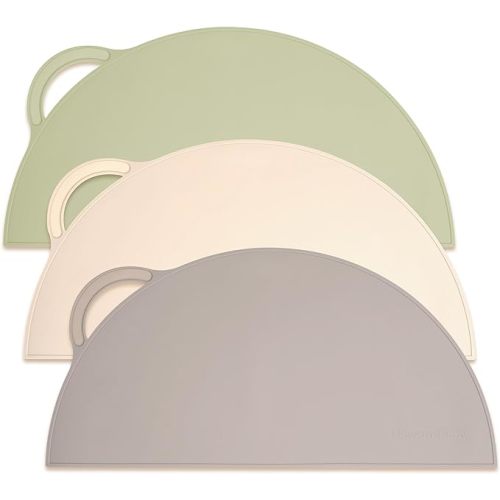 Upward Baby Silicone Suction Mat - Set of 3 Non Slip Silicone Mat - Baby Led Weaning - Kids Placemat for Dining Table High Chair - Toddler Feeding Supplies for Eating - Baby Placemats for Restaurants - Green/Beige/Grey - 3 Piece Set