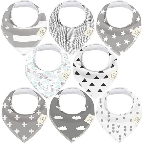 KeaBabies 8-Pack Organic Baby Bandana Drool Bibs for Boys Girls - Soft Cotton Drooling & Teething Bibs for Infants, Toddlers, Super Absorbent Cotton Bandana Bibs for Baby Boy & Girl (Grayscape)