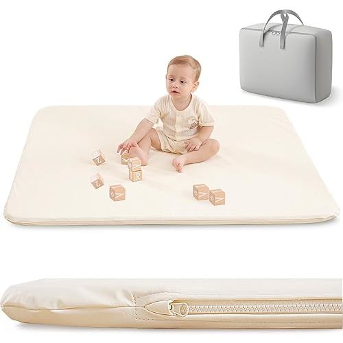 Padded Baby Play Mat for Your Boy or Girl - Extra Thick & Super Soft Vegan Leather Floor Mat Creates A Safe Play Area for Little Ones - Waterproof Crawling Mat for Baby Play on Floor (Beige)