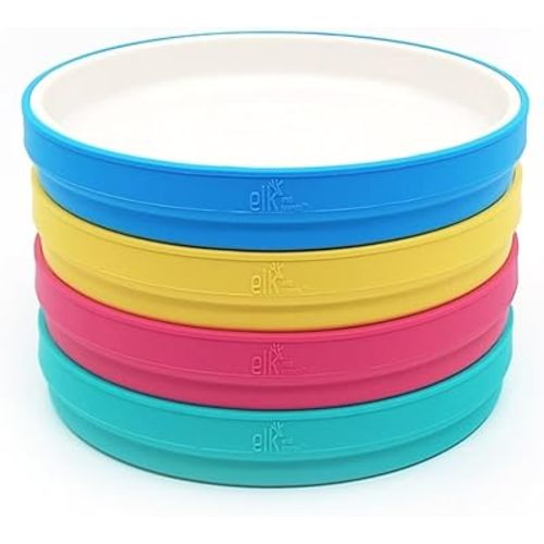 Elk and Friends Kids 7.8” Porcelain White Plates with Silicone Sleeves | Suitable for Kids/Toddlers | Microwave & Dishwasher Safe | Non Slip | Snack Dishes