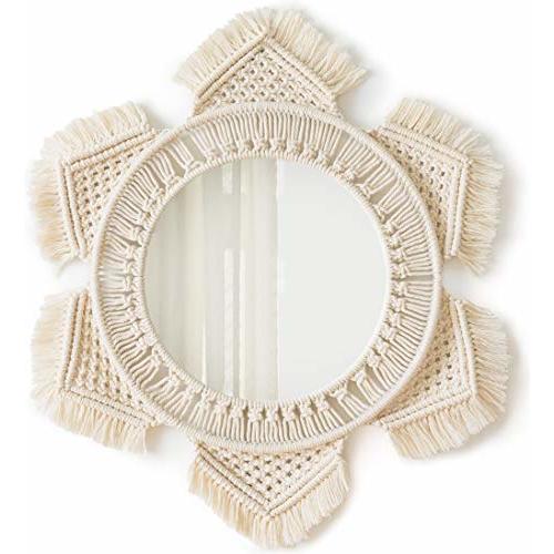 Mkono Boho Wall Mirror Decor Round Macrame Hanging Wall Art Decoration for Bedroom Nursery Living Room Apartment Office Entryways Home, Teen Girl Mothers Gift, Ivory