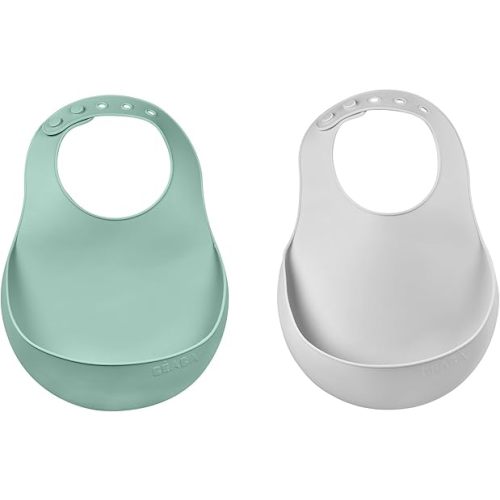 Beaba Silicone Baby Bib, Baby Bibs with Baby Food Catcher, Baby Boy Bibs Baby Girl Bibs, Baby Essentials for Feeding, 2 Pack