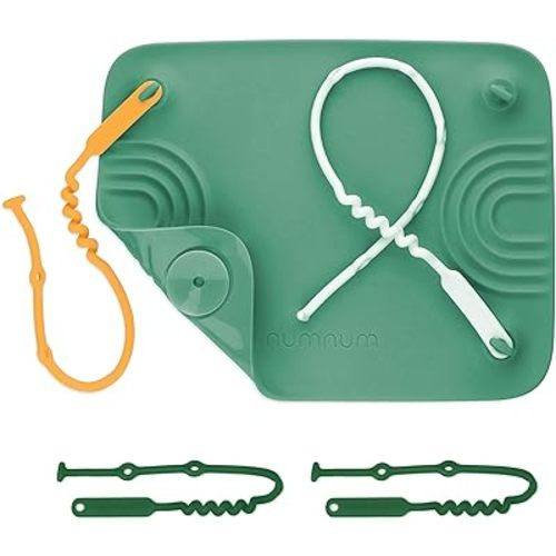 NumNum Silicone Placemat w/Pincer Grasp Grooves for Toddlers, Baby, & Kids - 4 Attachable Tethers & Built-in Suction Cups - Easy to Clean - Non-Slip for High Top & Dining Table w/Travel Bag - Green