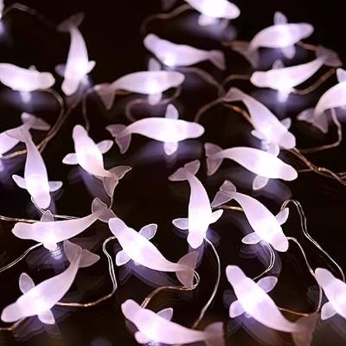 Ocean Theme White Beluga Whale Fairy String Lights, Nautical Décor Cute Dolphin Decorative Lights Sea Canaries Battery Operated or USB Plug in 30 LEDs 10ft
