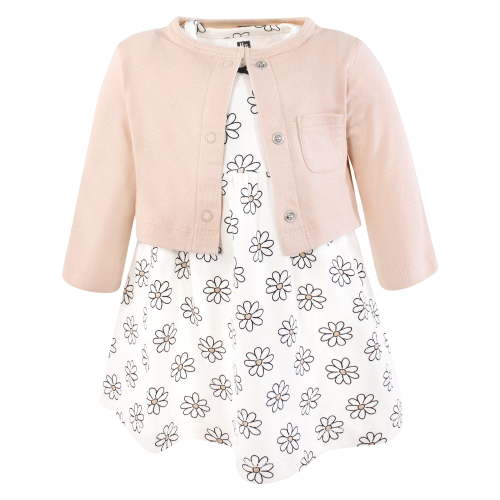 Hudson Baby Infant and Toddler Girls Cotton Dress and Cardigan Set, Neutral Daisy, 0-3 Months