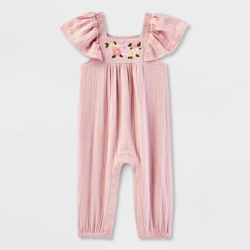 Baby Girls' Embroidered Ruffle Long Sleeve Romper - Cat & Jack™ Light Pink Newborn