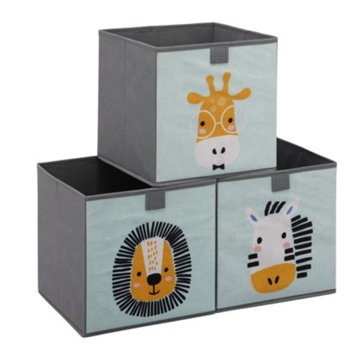 Navaris Kids Storage Cubes (Set of 3) - Storage Boxes 11x11x11" with Animal Designs - Children's Cube Bins Fabric Organizer Bin - Mint Green