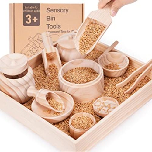 Crisschirs Sensory Bin Tools with Wooden Box, Montessori Toys for Toddlers, Sensory Toys, Set of 12 Wooden Scoops and Wooden Tongs for Transfer Work and Fine Motor Learning, Motor Skills Development