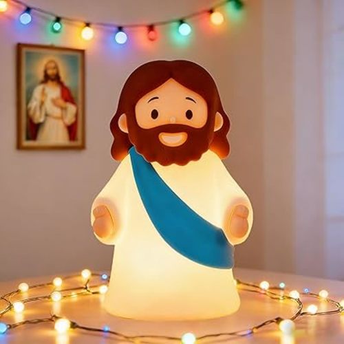 Little Jesus Night Light Mini Jesus Silicone Lamp Dimmable Nursery Nightlight for Kids Rechargeable Bedside Touch Lamp Perfect for Christmas, Easter and Baptism Gifts (Blue)