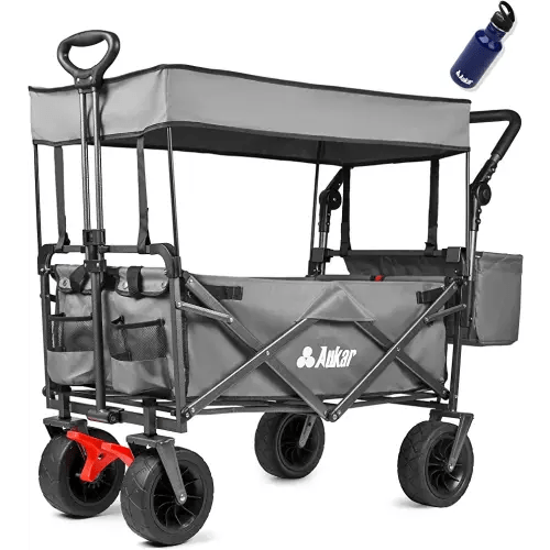 Collapsible Canopy Wagon - Heavy Duty Utility Outdoor Foldable Garden Cart - with Adjustable Push Pulling Handles,Big Wheels for Sand, for Shopping, Picnic, Camping, Sports - Grey