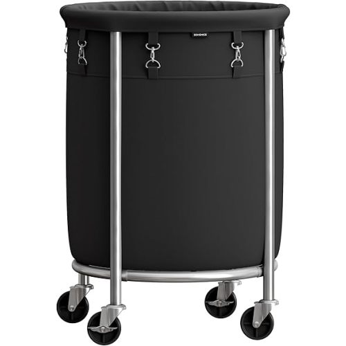 SONGMICS Laundry Basket with Wheels, Rolling Laundry Hamper, 29 Gal., Round Laundry Cart with Steel Frame and Removable Bag, 4 Casters and 2 Brakes, Black and Silver URLS002B01