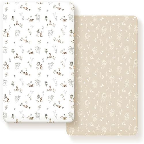 GRSSDER Stretch Ultra Soft Jersey Knit Fitted Crib Sheets Set 2 Pack,Fit All Standard Crib Mattress Pads Safe and Snug, Crib Fitted Sheet for Boys and Girls, Stylish Watercolor Rabbit Pattern