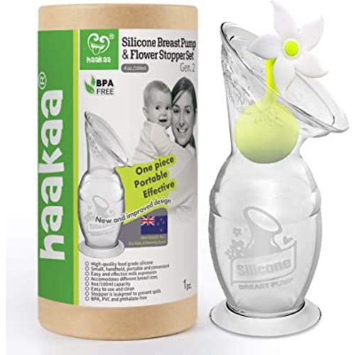 Haakaa Silicone Breast Pump with Suction Base and Flower Stopper 100% Food Grade Silicone BPA PVC and Phthalate Free (4oz/100ml) (White)