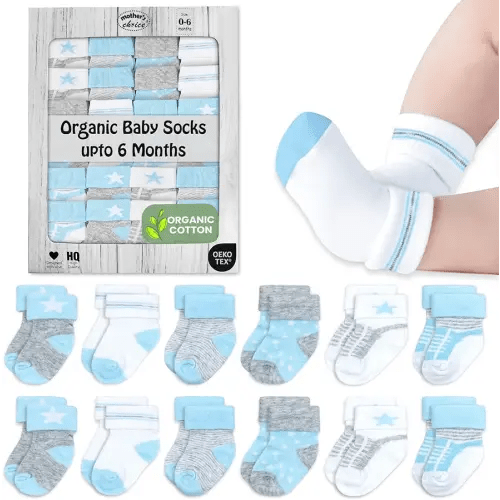 Mother's Choice Organic Cotton Baby Socks, 12 Pairs, Unisex 0-6 Months - Soft, Hypoallergenic Newborn & Infant Socks - Baby Girl & Boy Gifts, (12Pcs, Blue - Gray - White)