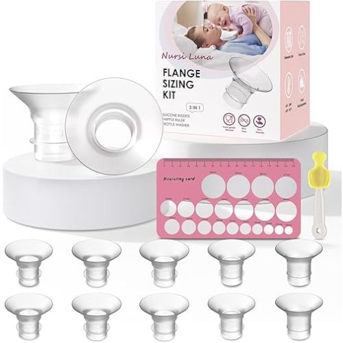 Flange Sizing Kit 3 in 1 Ultimate with 10PCS Flange Inserts 13/15/17/19/21mm, Nipple Ruler, Cleaning Brush, Silicone Flange Insert Kit for 24mm Most Pumps, Pumping Breastfeeding Essentials