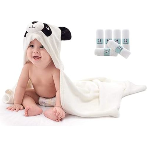 HIPHOP PANDA Hooded Baby Bath Towel and Washcloths Set, 1 Bath Towel and 6 Pieces Washcloths