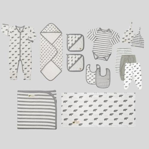 14 Item Baby Essentials Bundle - Grey Elephant Stripe