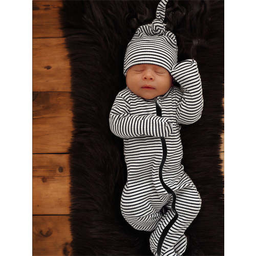 Black Stripe / Organic Ribbed Zip Footie