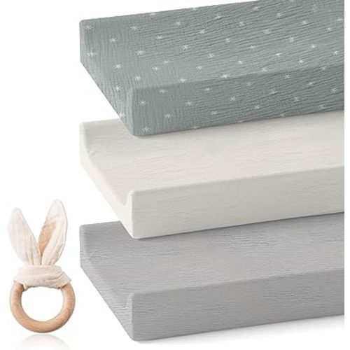 3 Pack Muslin Bassinet Sheet Fitted for Changing Pad, Baby Changing Basket, Moses Basket, Bedside Bassinet,100% Cotton Neutral Bassinet Sheets for Oval, Hourglass, Rectangular Mattress Pads