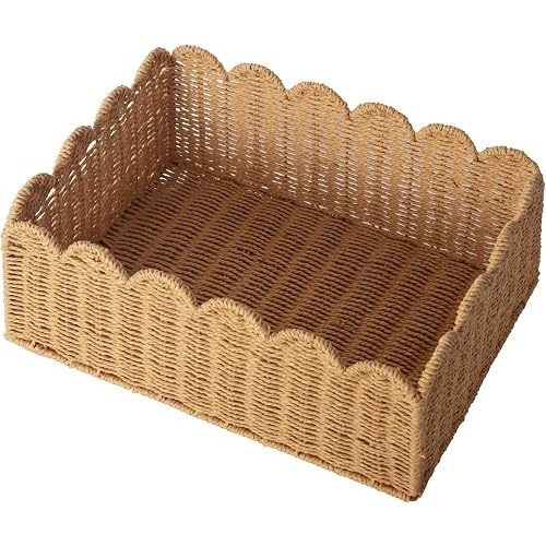 Scalloped Basket, Wicker Storage Baskets, Hand Woven Baskets for Shelves,Natural Baskets for Organizing (M-14" L x 10.5" W x 6" H)