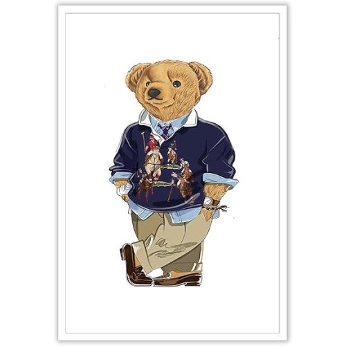 Funny Teddy Bear Canvas Wall Art Trendy Bear In A Polo Shirt Poster Minimalist Animal Magazine Pictures Prints Painting For Home Bedroom Dorm Apartment Wall Decor 12x16in Unframed