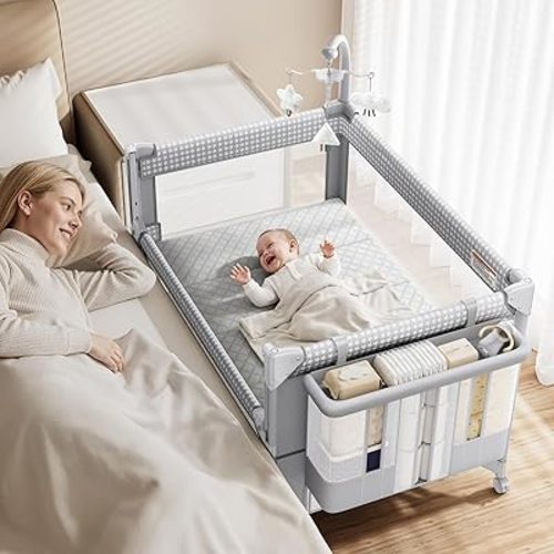 GAIVE 4 in 1 Baby Bassinet, One-Push Setup Pack and Play, Bedside Crib Sleeper with 3 Height Adjustable，Diaper Changer, Come with Comfy Mattress, Rotating Toy Bar, from Infants to Toddlers (Grey)