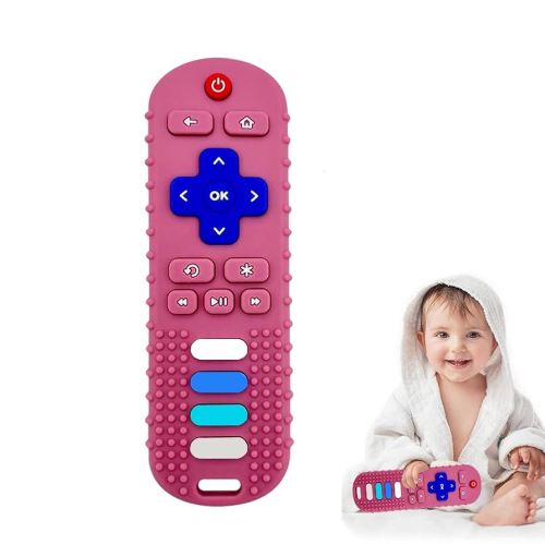 Baby Teether Toy, TV Remote Control Shape Teething Baby Toys for Infants, Baby Chew Remote Teether Toys for Babies 3-18 Months,BPA Free (Pink)