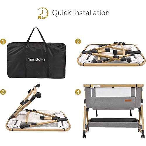 Maydolly Baby Bassinet & Bedside Sleeper, 3 in 1 Rocking Bassinet with Mattress & Sheet, Adjustable Height, Removable Breathable Cover, Easy Folding Infant Crib (Grey)